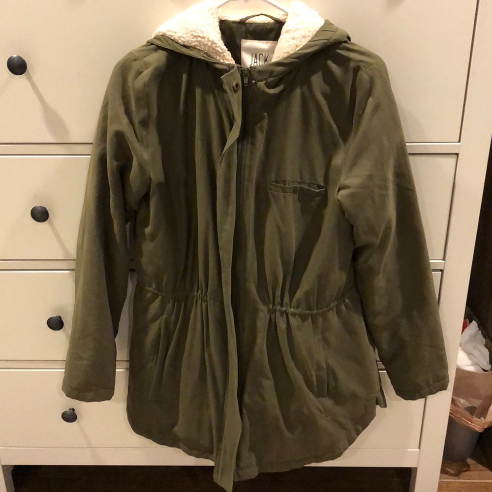 Army green jacket with Sherpa hood